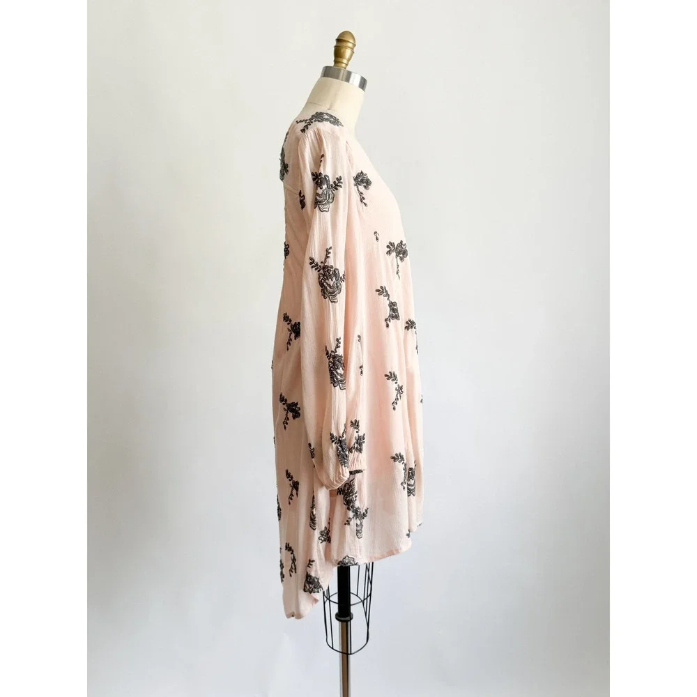 Free People Tunic Dress Embroidered Boho Open Back‎ S Pink Floral High Low Rayon
